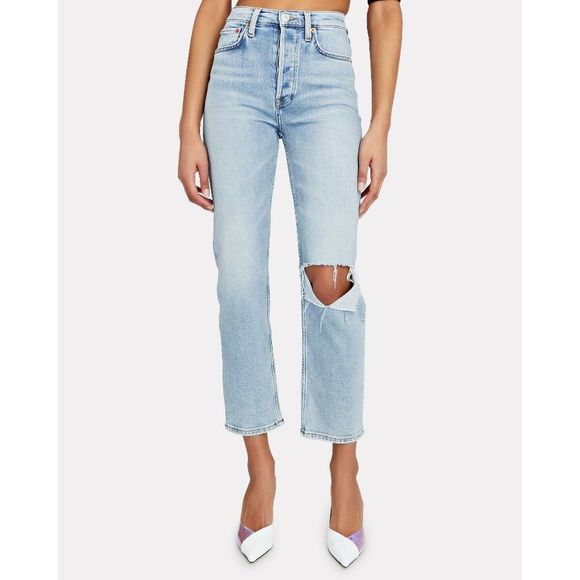 Re/Done Denim - RE/DONE 70s Stove Pipe Jeans Rodeo Indigo Distressed Hole High Rise Straight